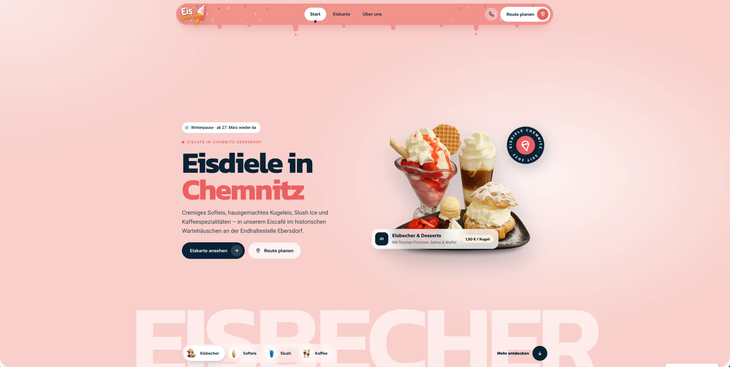 Webdesign Eiswunderland Chemnitz – Website der Eisdiele in Chemnitz-Ebersdorf mit Eisbecher und Eiskaffee
